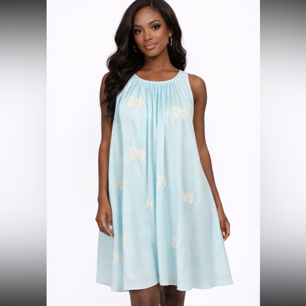 EUC Kate Spade Light Blue Bow Detail Beaded Chiffon Shift Mini Dress Size Small